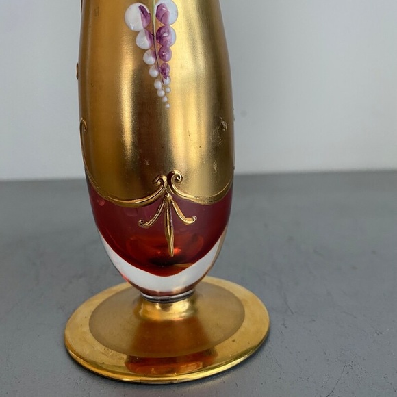 Bohemian Ruby Red Bud Vase with Raised Enamel Flowers Vintage  8 Inches. - Picture 5 of 6
